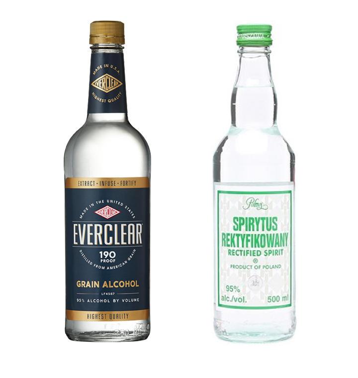 A bottle of Evercler Grain Alcohol and Spirytus rectfied spirit.